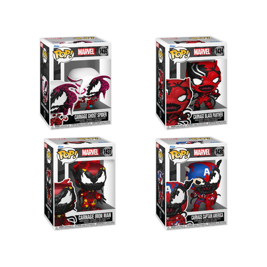 Funko Pop - Marvel - Carnage Iron Man, Black Panther, Ghost Spider e Captain America