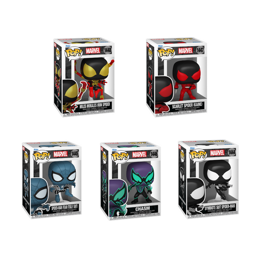 Funko Pop - Marvel - Miles Morales, Symbiote Suit, Fear Itself Suit, Chasm e Scarlet Spider