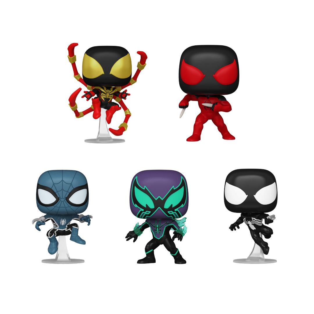 Funko Pop - Marvel - Miles Morales, Symbiote Suit, Fear Itself Suit, Chasm e Scarlet Spider