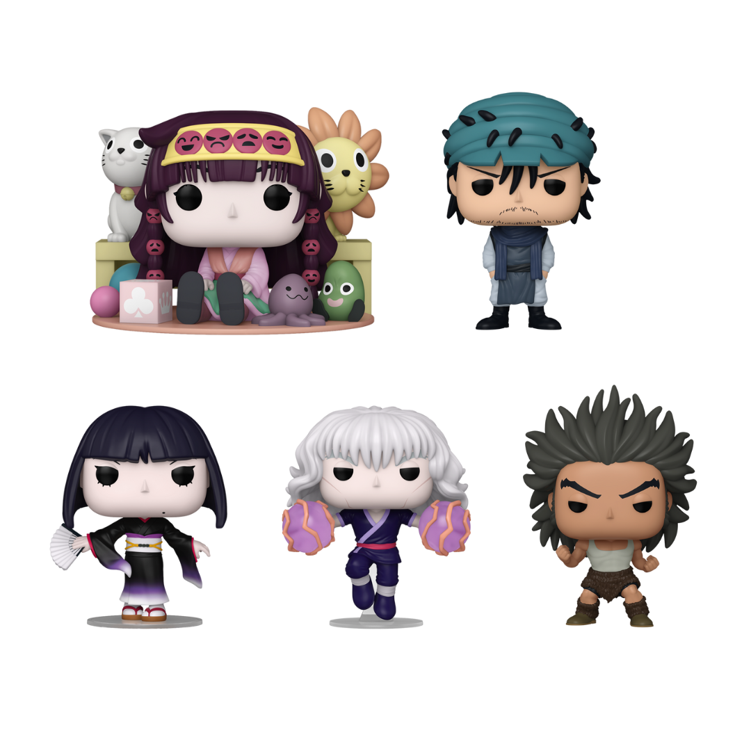 Funko Pops - Hunter x Hunter - Alluka Zoldyck, Ging Freecss, Silva Zoldyck, Kalluto Zoldyck e Uvogin