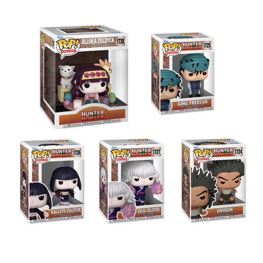 Funko Pops - Hunter x Hunter - Alluka Zoldyck, Ging Freecss, Silva Zoldyck, Kalluto Zoldyck e Uvogin